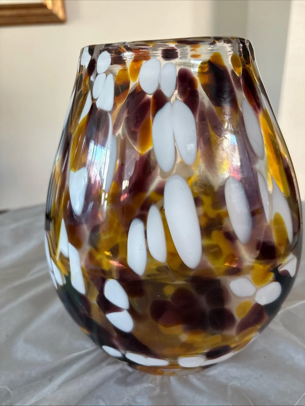 Hand Blown Art Glass Vase White Amber Spots Artisan Studio 7.65” Heavy Solid